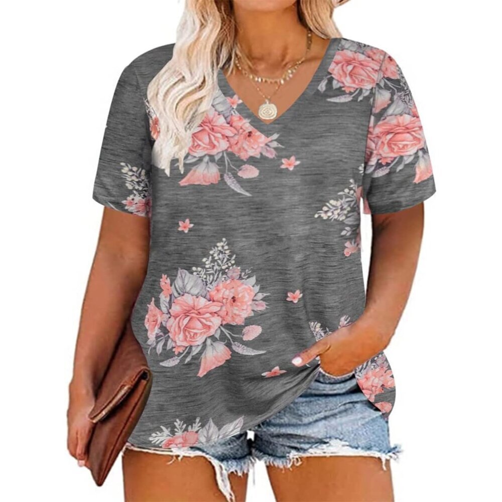 Plus Size Women's Floral V-Neck Tops 100% Rayon Short Sleeve Flowy Shirt